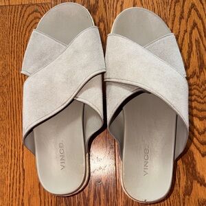 Vince Villaire crisscross suede espadrille slide sandals.